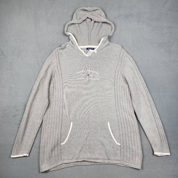 Vintage Tommy Hilfiger Pullover Knit Hoodie Women's Size XL Gray Embroidered - Picture 1 of 9